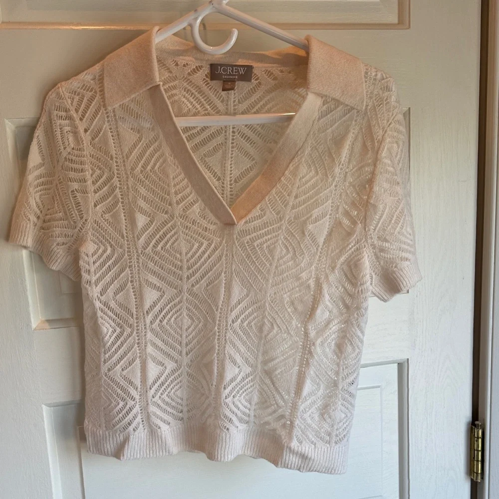 J. Crew Cream Open-Weave V-Neck Collared Crop Top